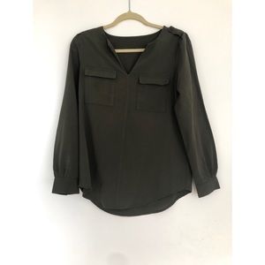 Army green pocket v neck blouse size small